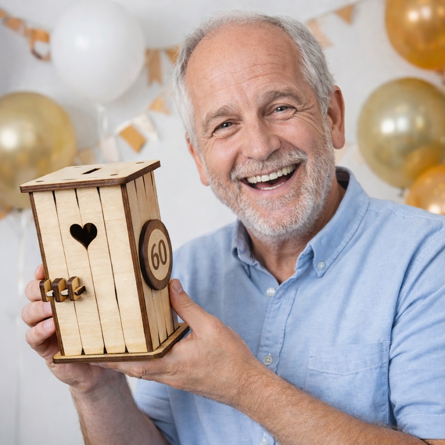 Dřevěná pokladnička na peníze - originální dárek k narozeninám